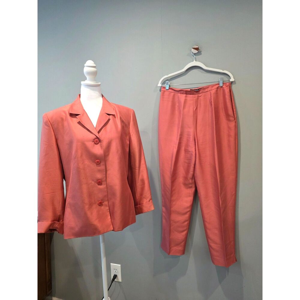Vintage Josephine Chaus Raw Silk Pant Suit Set Coral Salmon Pink Size 12 90s